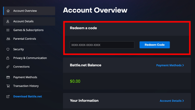 A red box outline the redemption code text box on the Battle.net account page