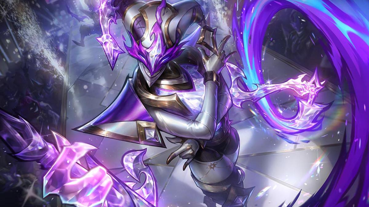 Soul Fighter Shaco from League of Legends Arena smiles while posing alongside a huge purple swirl of magic.