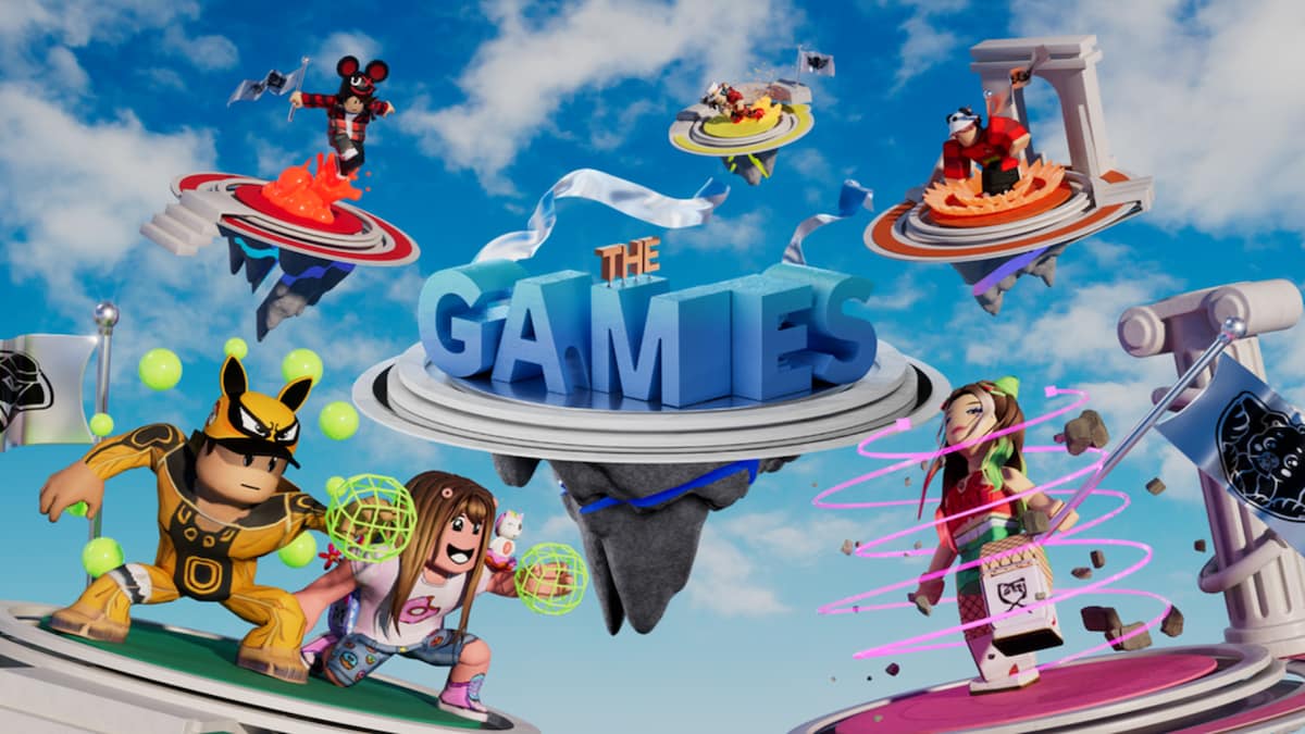 The team leaders for Roblox's The Games event preparing to compete with The Games logo in the center.
