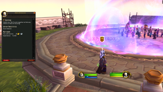 Player standing on a platform near a purple dome accepting the Rupture quest