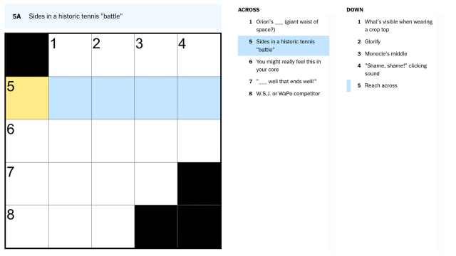 sides in a historic tennis battle clue on the crossword, highlighted, from the nyt mini crossword aug. 2