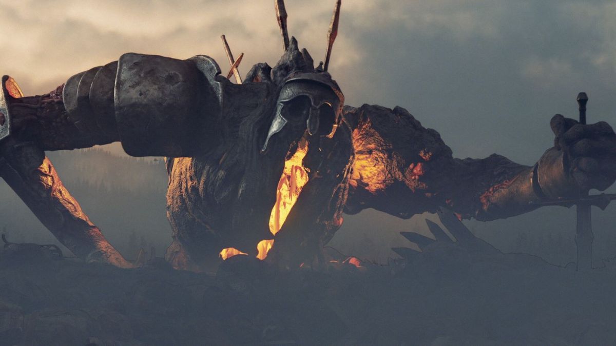 A massive humanoid creature with a helmet looms over the mountain in GreedFall 2.