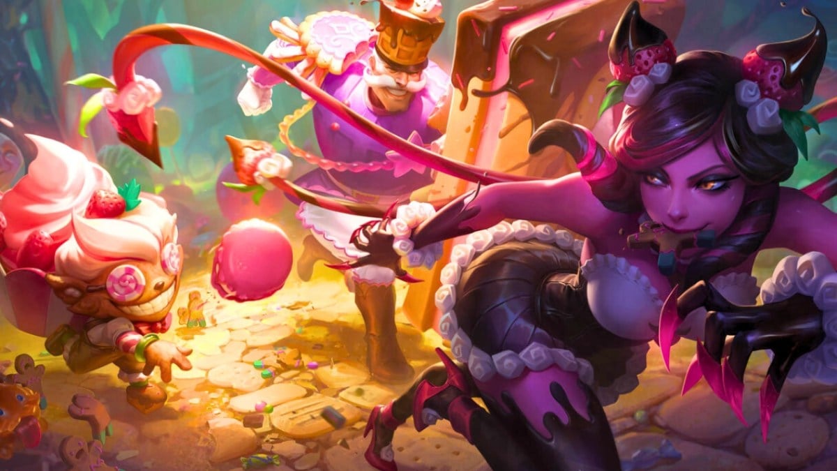 Braum wearing purple outfit holding a waffle shield for the sugar rush braum skin in league of legends