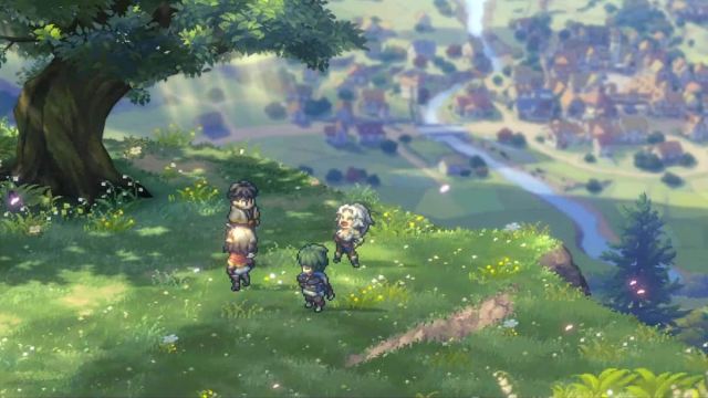 Characters from Sword of Convallaria laughing together in a hill.