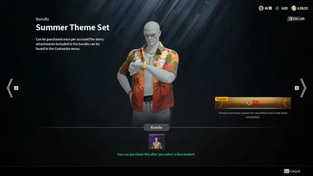 Sumer Theme Set's orange Hawaiian shirt in The First Descendant