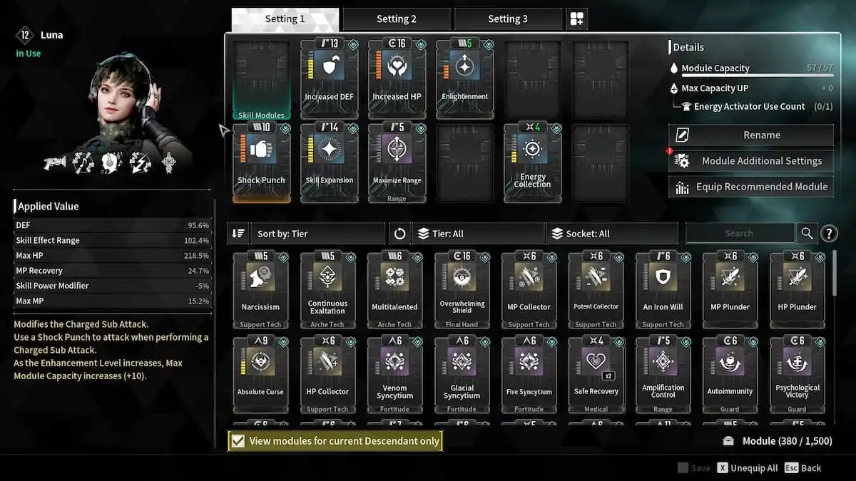 Luna Module loadout screen in The first Descendant