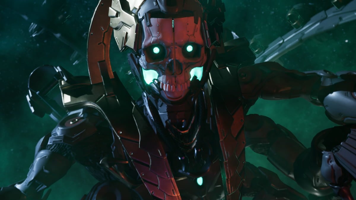 Boss with a skull face looking a the  camera in The First Descendant