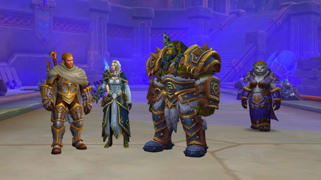 A giant green ogre, a woman with pointy ears, a human male, and a panda standing against a blue background in WoW The War Within