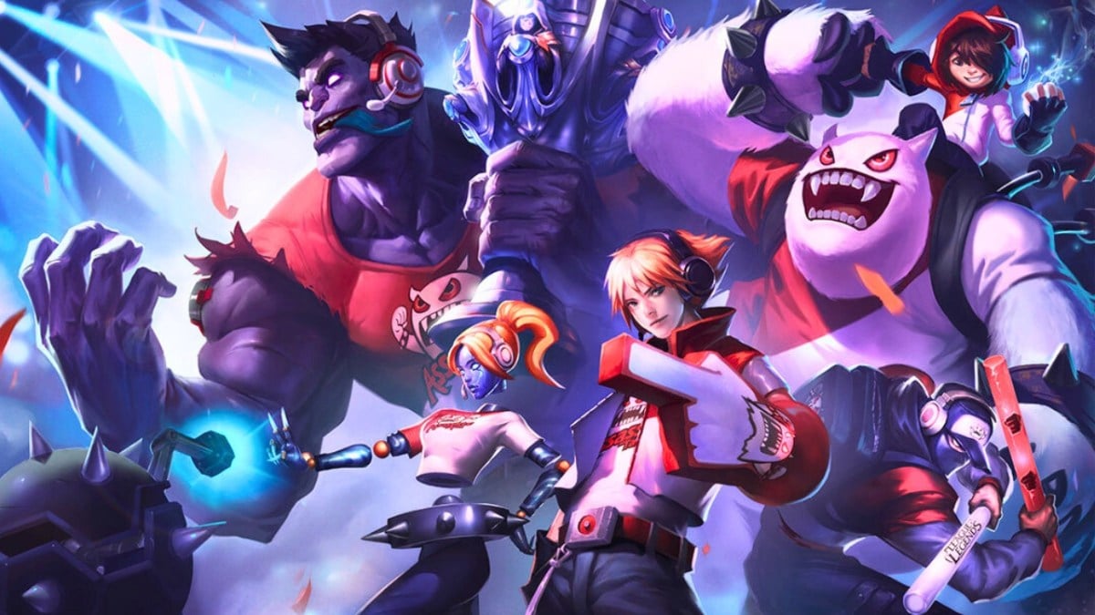 ezreal dr mundo orianna nunu and willump and shen wearing red and white sports outfits for the TPA skins in League of Legends