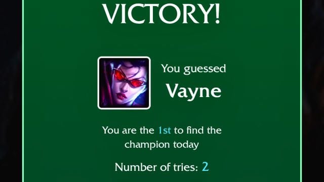 A victory message next to Vayne's square image for the Aug. 7 Loldle quote answer