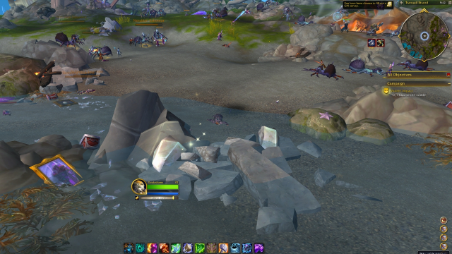 Player lying under a pile of rubble after landing in Khaz Algar