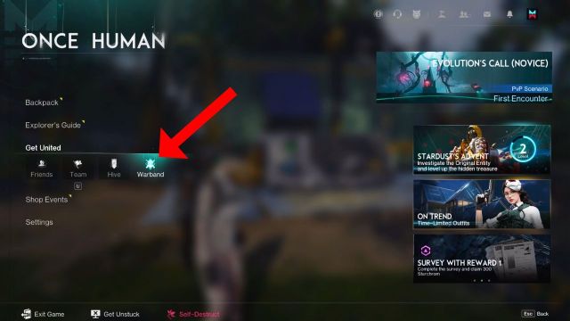 a red arrow pointing to the warband icon under the get united section in once human