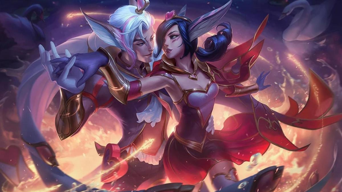 Sweet Hearts Xayah and Rakan dance together while dressed in rich red Valentine's Day dresses in League of Legends.