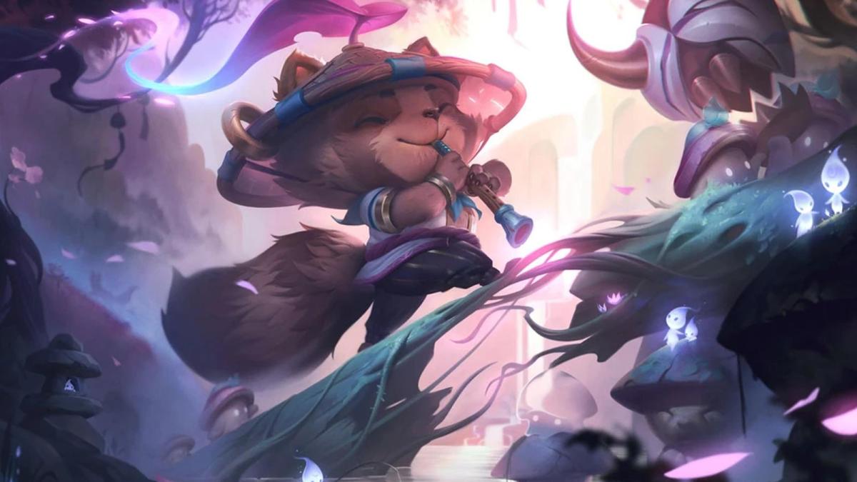 Spirit Blossom Teemo walks along a tall branch in purple and brown robes playing a wood pipe in League of Legends.