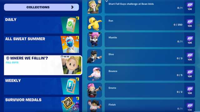 The Where We Fallin'? quests in Fortnite including Start Fall Guys challenge at Bean Idols, Run, Mantle, Dive, Bounce, Emote, and Finish.