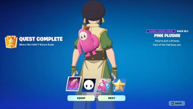 The Fall Guys rewards including a Back Bling, a Banner Icon, and a Jam Track in Fortnite.