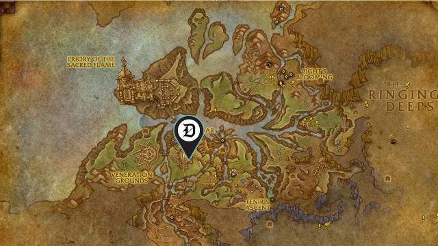 A Dot Esports marker indicating the mapped location of the wow the war within mine treasure archaeologist excavator