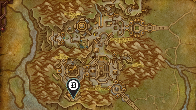 A Dot Esports marker indicating the mapped location of the wow the war within mining treasure dornogal chisel