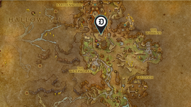 A Dot Esports marker indicating the mapped location of the Wow The War Within Mining Treasure excavator shovel