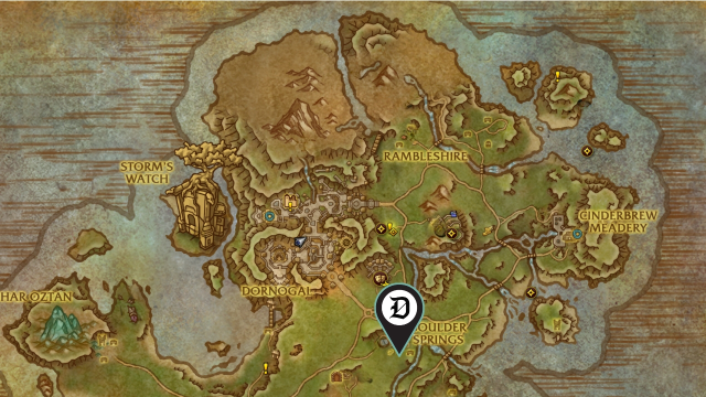 A Dot Esports marker indicating the mapped location of the wow the war within mining treasure miner's hammer