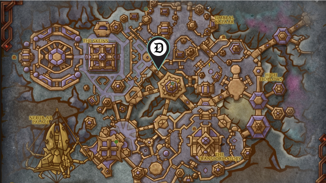 A Dot Esports marker indicating the mapped location of the wow the war within mining treasure nerubian mining supplies