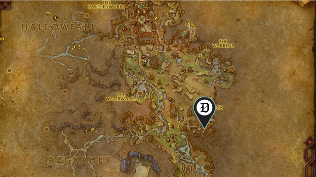 A Dot Esports marker showing the mapped location of the wow the war inside the mine treasure that regenerates ore