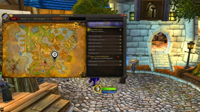 A player standing in the trade center with the map open and a marker showing player's location