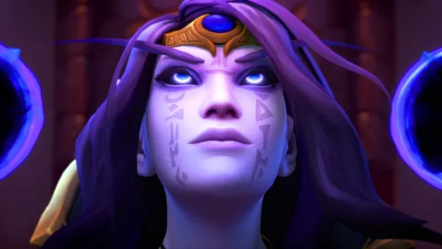 Xalatath, a woman with purple hair and headband starring at sky.