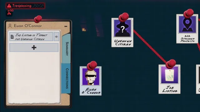 a game interface of a detective board with red strings connecting a job posting to an unknown citizen in Shadows of Doubt.