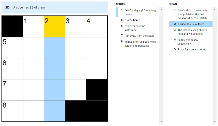 Picture showing the A cube has 12 of them clue in NYT Mini Crossword.