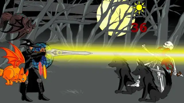 A wizard casting a powerful beam of light at a skeleton from a sword with flying creatures and wolves surrounding them