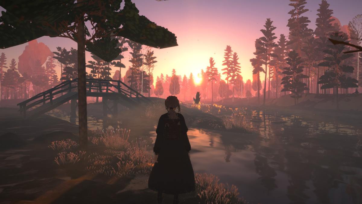 Reka looking over a river with a bridge at its center, as the sun rises in the distance