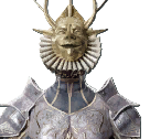 A feminine mask from Enotria: the Last Song showing a golden face plate with antler-like horns on it