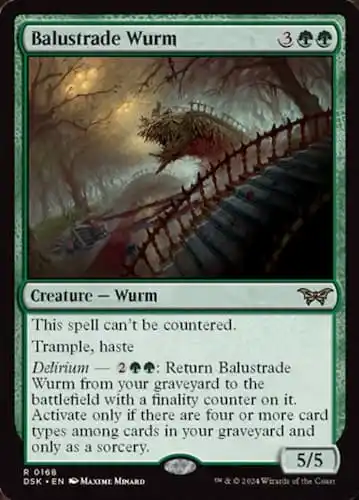 Large wurm with spikes outside haunted house with stairwell and trees in background through Duskmourn MTG Set