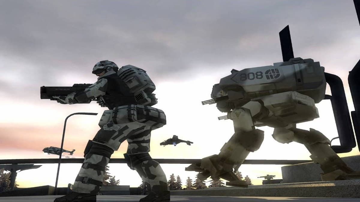 A soldier wielding his gun with an armed robot walker unit following him in Battlefield 2142