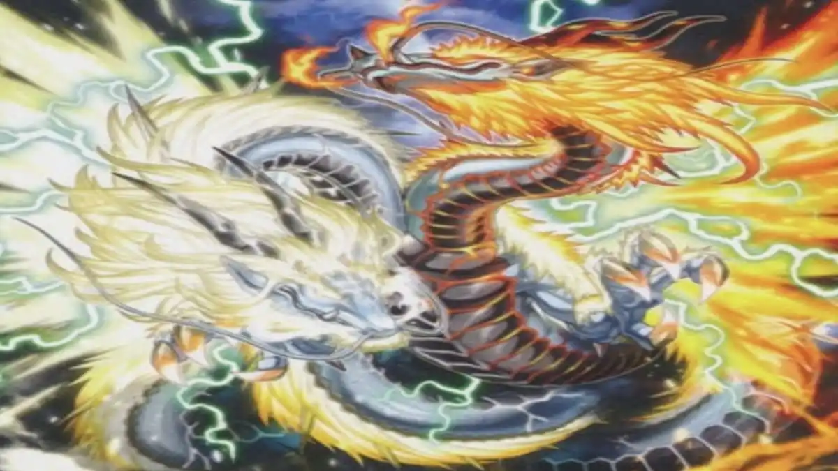 A white and red dragon intertwined or battling together.