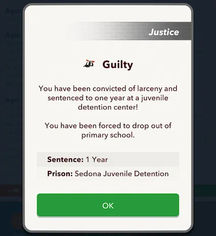 Picture showing a Bitlife player getting sent to the juvie for a crime.