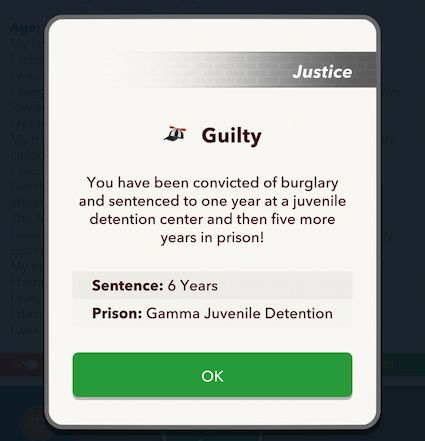 Picture showing the Bitlife player getting caught by the cops and being sent to Juvie.