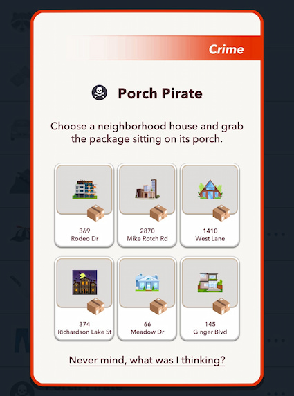 Picture showing the Porch Pirate crime having many houses to steal packages in Bitlife.