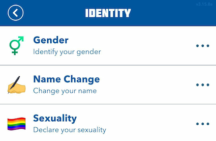 Picture showing the Identity menu in Bitlife.