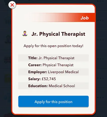 Picture showing the job posting for Physical Therapist in the Athletic Supporter challenge in Bitlife.