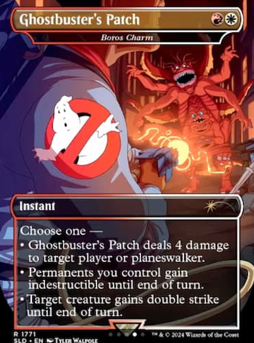 Ghostbuster with patch on right arm aiming at a red ghost with multiple limbs in MTG Ghostbuster Secret Lair drop