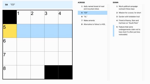 The clue, CD, highlighted in yellow and blue on the NYT mini crossword puzzle.