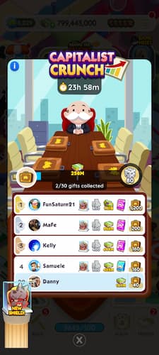 Mr. M sitting at boardroom table in skyscraper with M briefcases in gold and brown through Monopoly GO