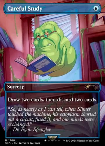 Slimer in an office with books reading in front of a window with glasses on in Ghostbusters MTG Secret Lair animated series