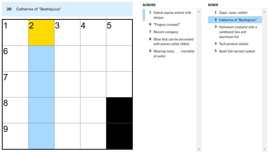 Picture showing the Catherine of Beetlejuice clue in NYT Mini Crossword.