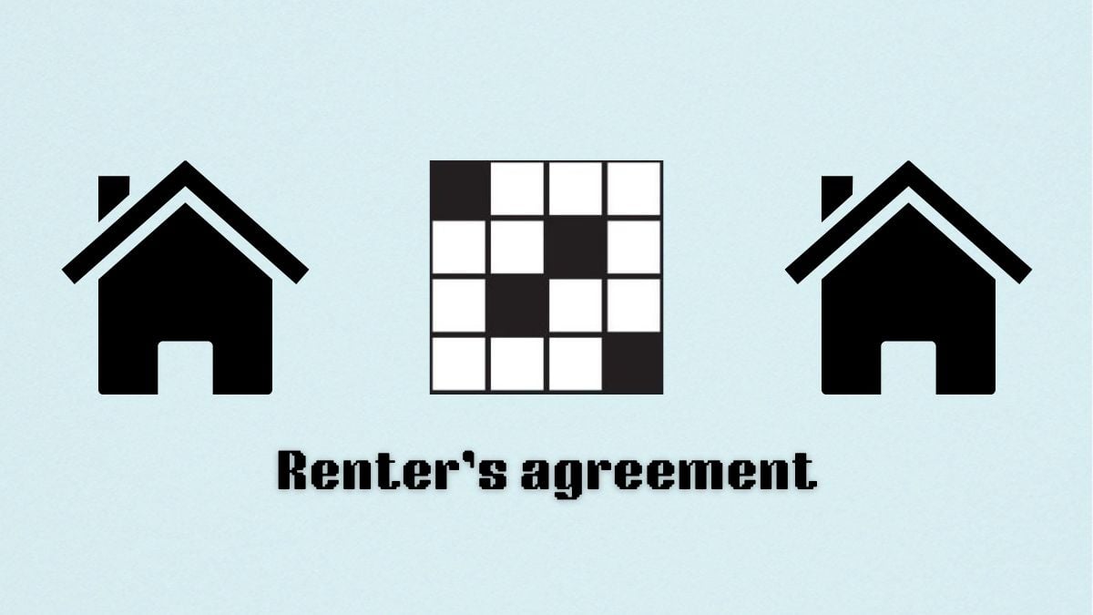 A blank crossword with "renter's agreement" written below it and a house graphic to either side