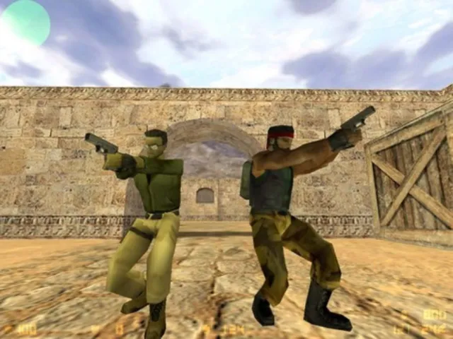 Two counter strike teammates standing next to each other, facing different directions for cover