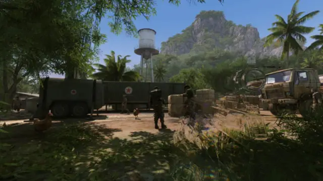 A jungle shot with a water tower in the back. soldiers in front, and military camps in between