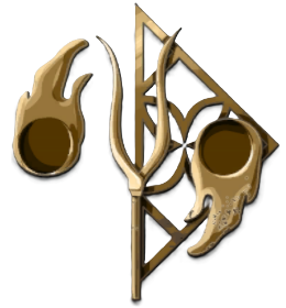 Two golden, flaming orbs circle a forked spear. This is the Deadly Lights icon in Enotria: The Last Song